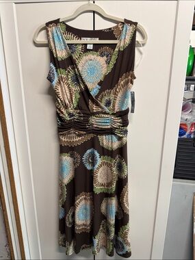 Studio Brown Sleeveless Midi Dress with Blue and Green Floral Medallions